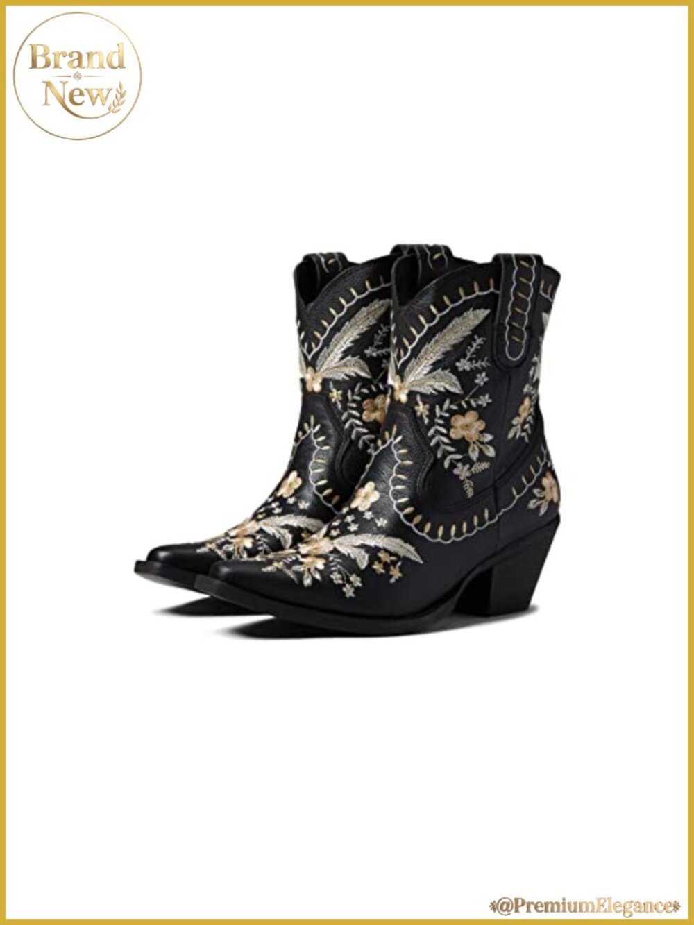 Womens Floral Embroidered Leather Ankle Boots Snip Toe Mid Block Heel